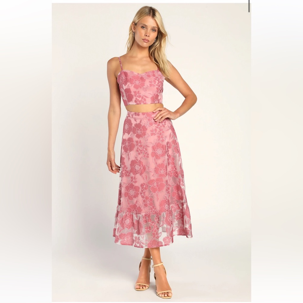 Lulu's certainly stylish Mauve Pink burnout Floral Two-piece midi dress